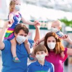 famiglia in viaggio che indossa la mascherina