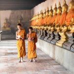 Diario cambogiano: alla scoperta del sud. Giovani monaci buddisti camminano in un tempio.