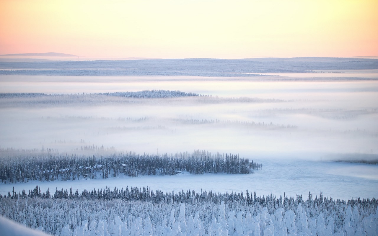 Viaggio a Rovaniemi 2023. Alberi innevati e lago con foschia mattutina.